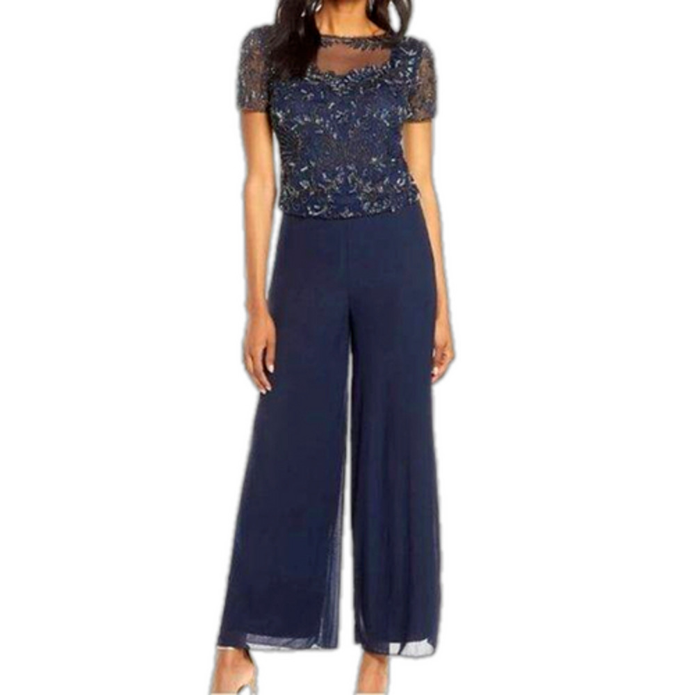 PISARRO NIGHTS Womens Size 14 Navy Bateau Neck Floor Length Jumpsuit Formal